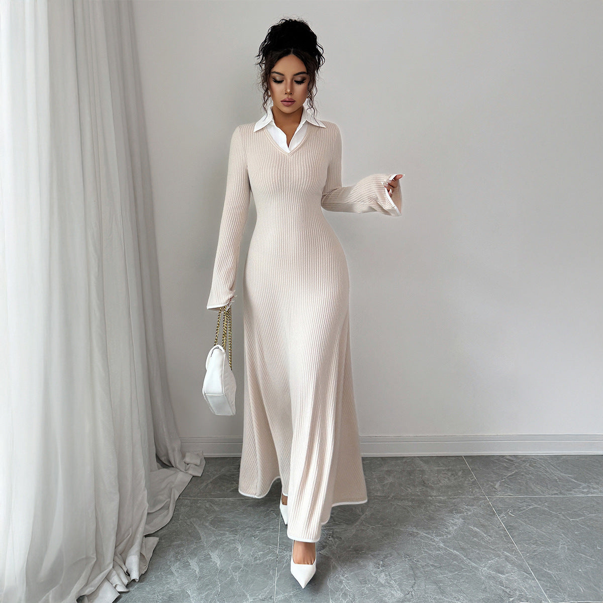 Timeless Elegance Ecru Ribbed Knit Maxi Dress