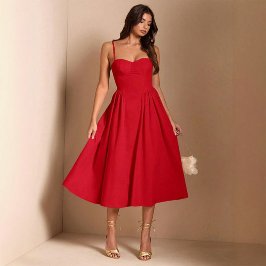Special Design Red Strappy Midi Evening Dress