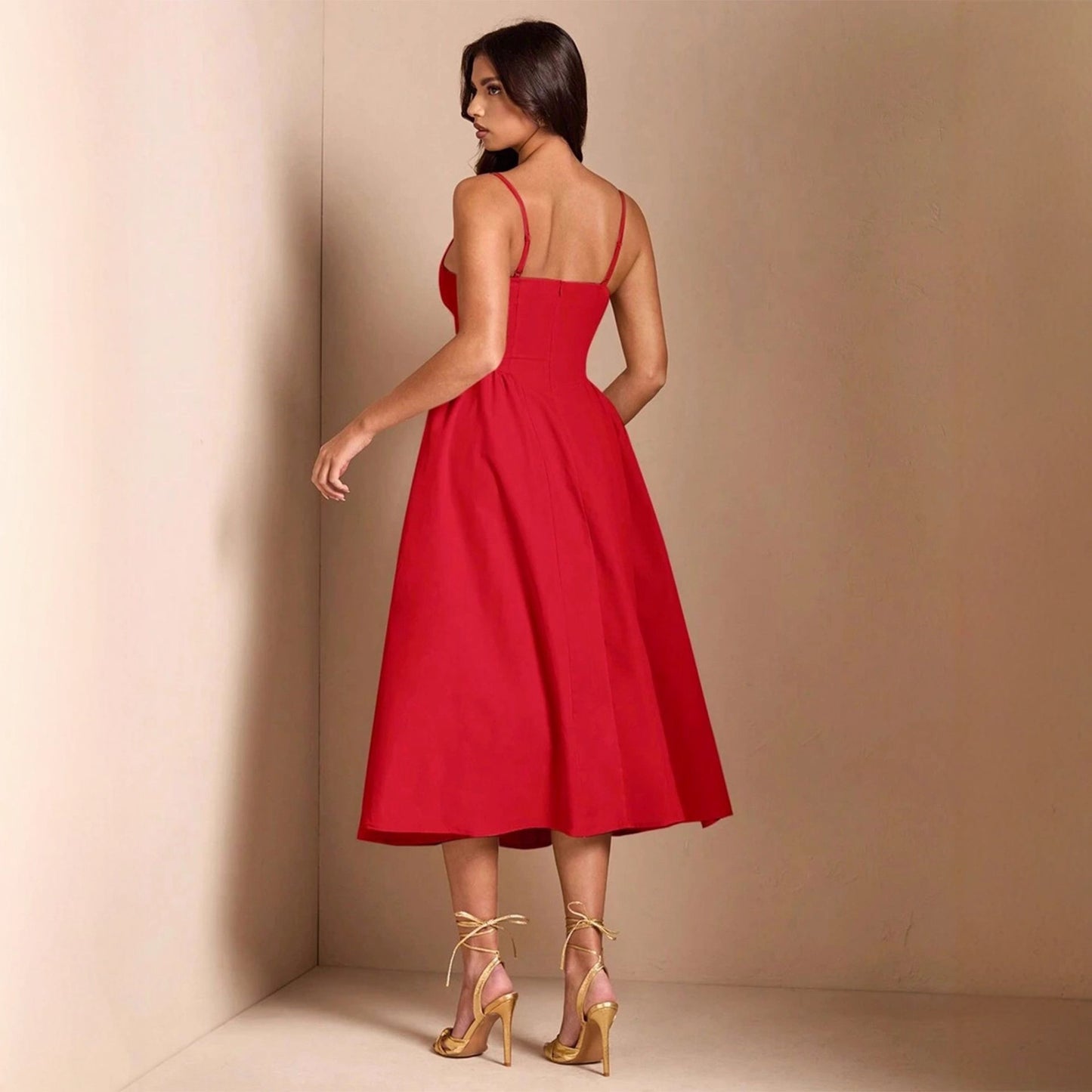Special Design Red Strappy Midi Evening Dress