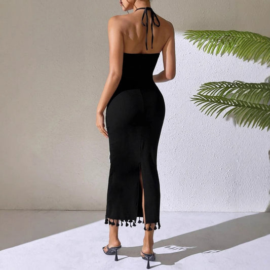 Elegant Black Halter Dress with Floral Details – Feminine and Chic Design