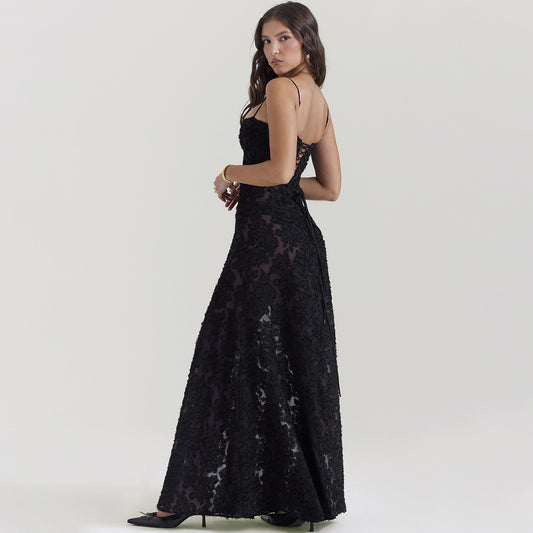 Black Thin Strapped Full Length A Line Lace Pattern Dress