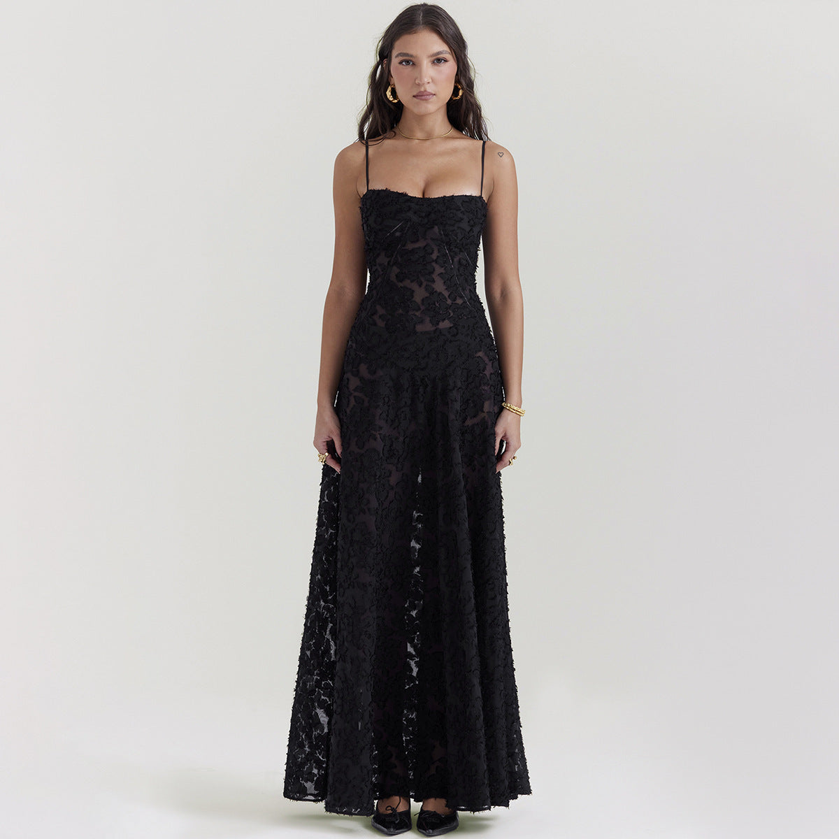 Black Thin Strapped Full Length A Line Lace Pattern Dress