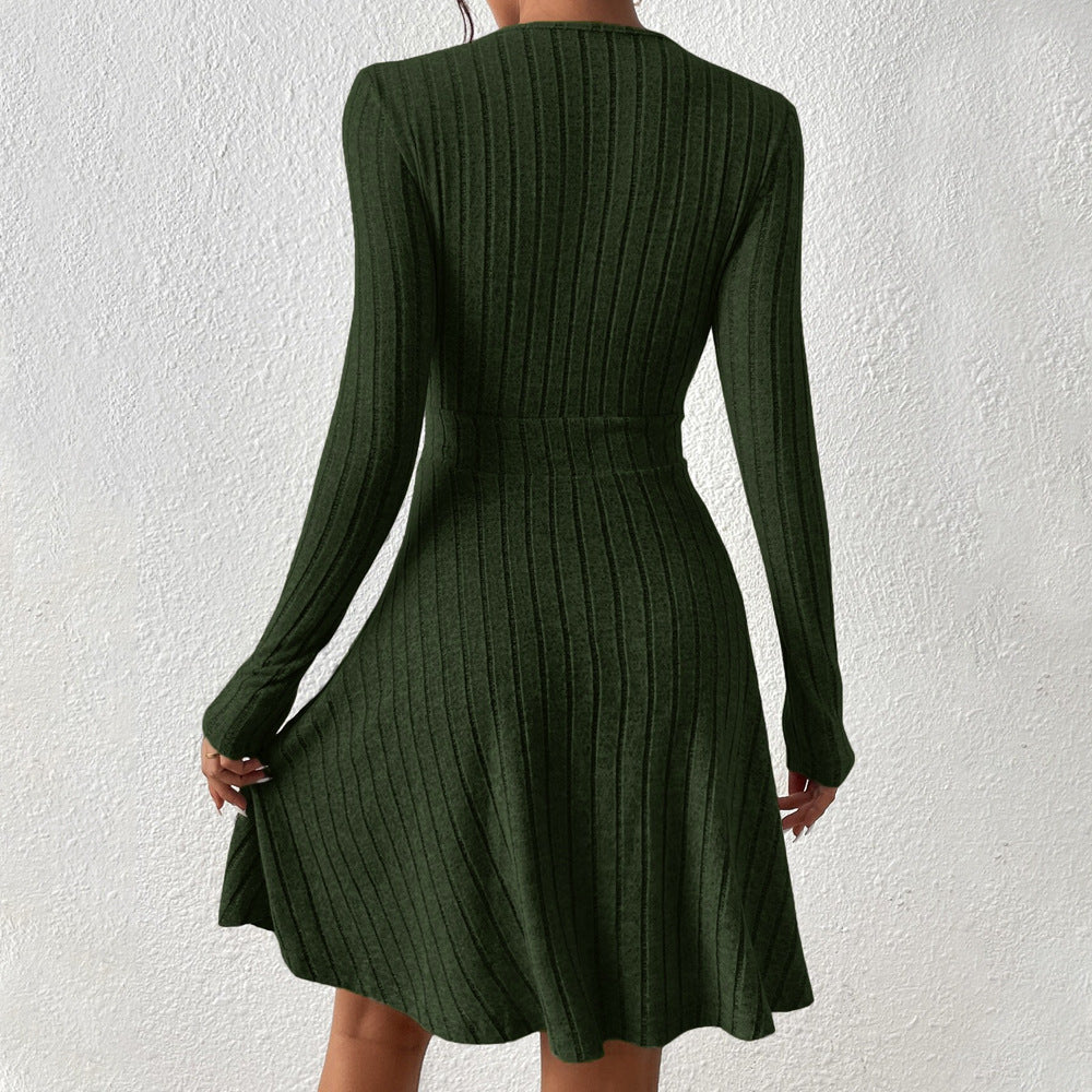 Feminine Cut V-Neck Green Ribbed Knit Mini Dress