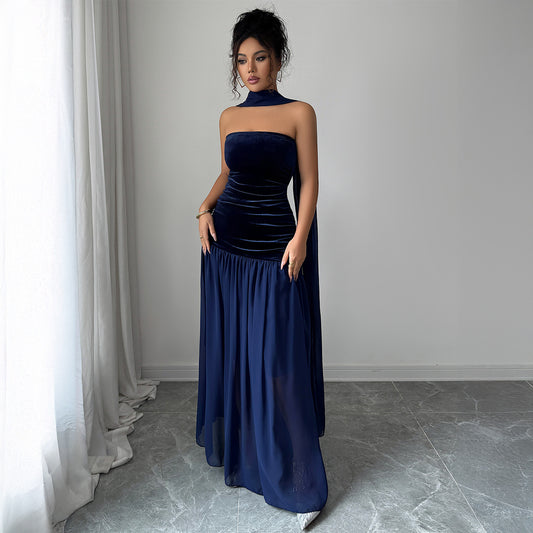 Elegant Navy Velvet Evening Gown