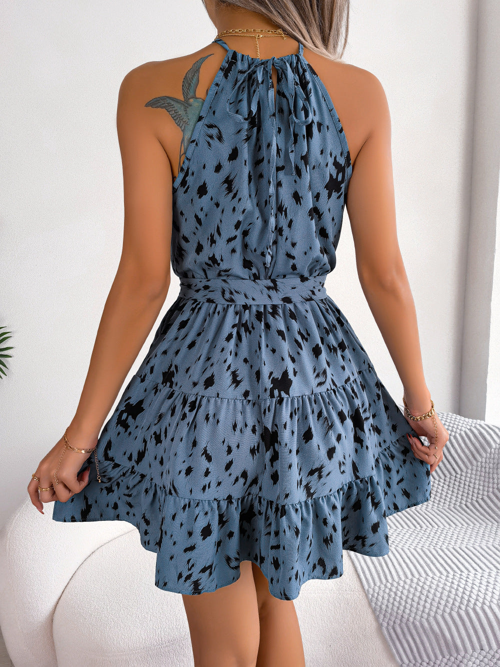Halter Neck Leopard Print Tiered Mini Dress