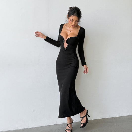 Sophisticated Black Maxi Dress with Deep Chest Cutout