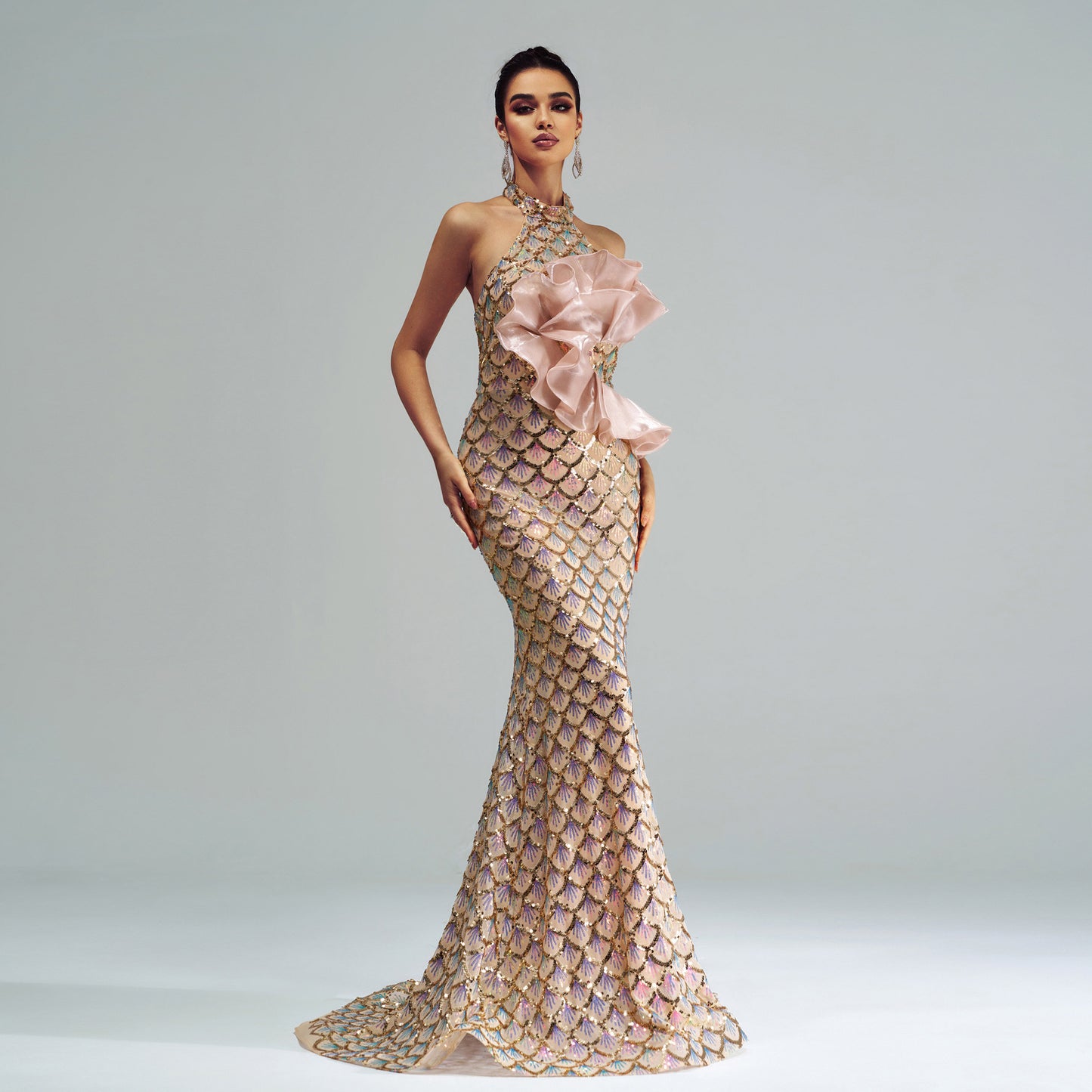 Couture Impact with Draped Floral Detail