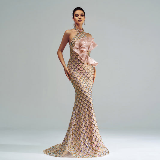 Couture Impact with Draped Floral Detail