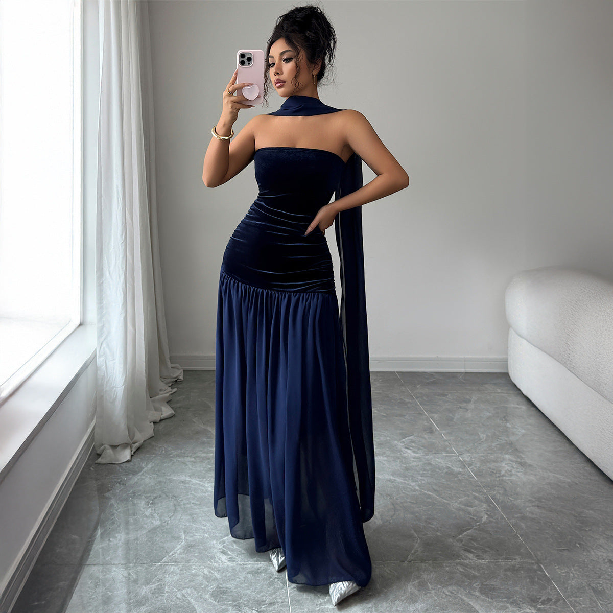 Elegant Navy Velvet Evening Gown