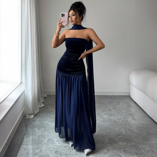 Elegant Navy Velvet Evening Gown
