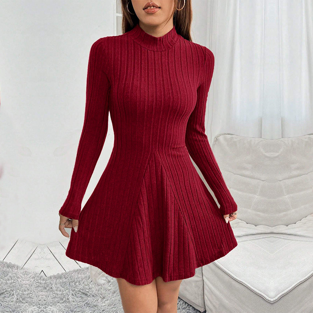 Winter Women’s Burgundy Ribbed Knit Mini Dress