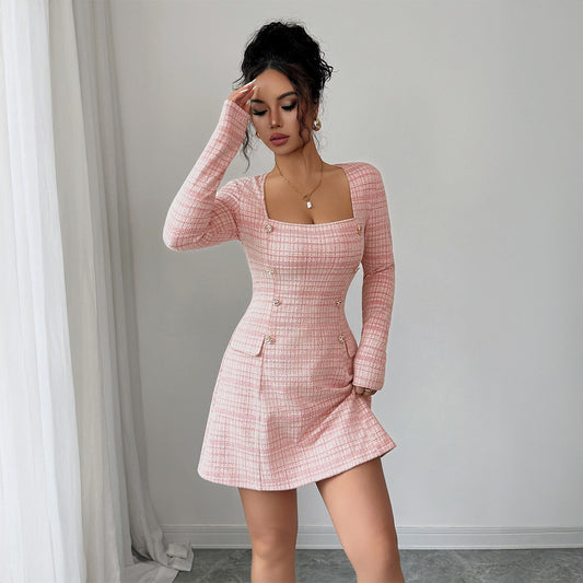 Modern Cut Square Neck Pink Tweed Women’s Mini Dress