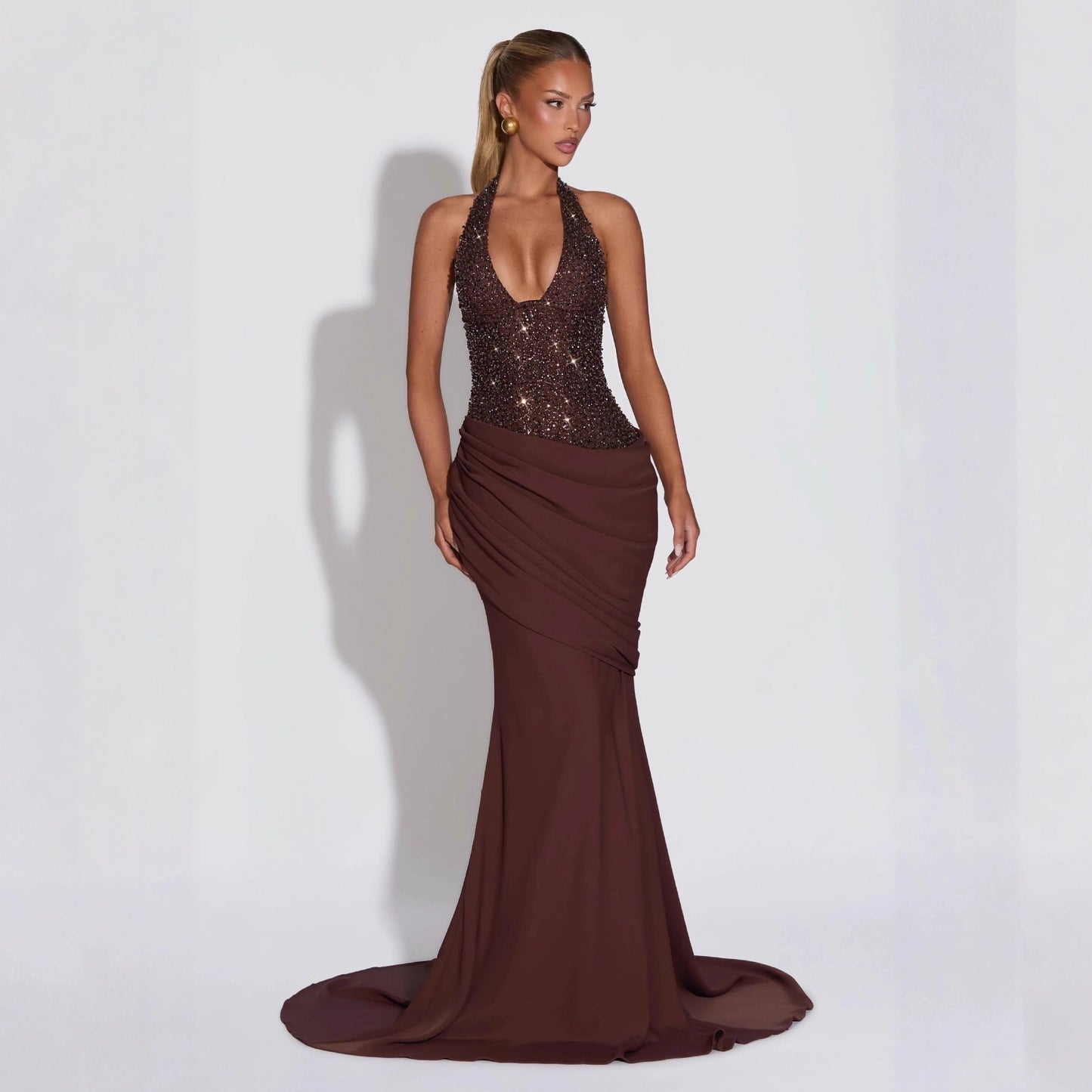 Body-con Sparkle Irregular Draped Evening Dress Women's Long Gown