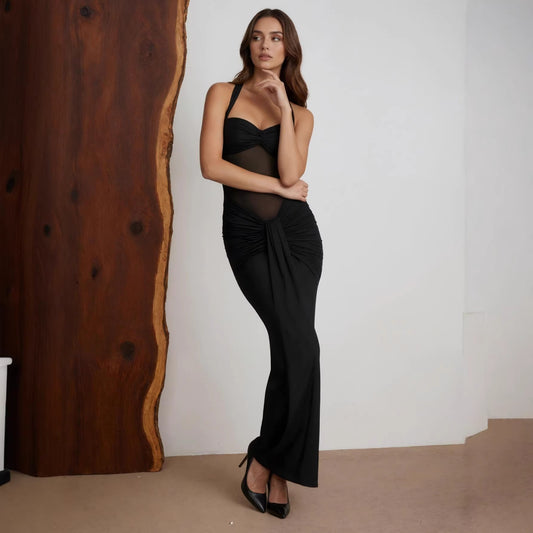 Striking Draped Black Maxi Dress with Sheer Details