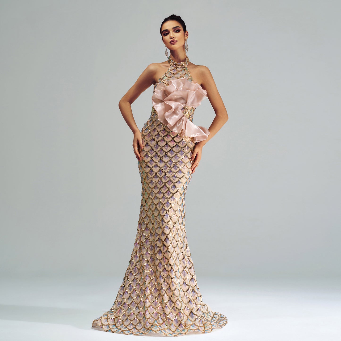 Couture Impact with Draped Floral Detail