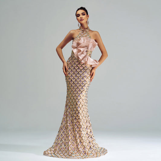Couture Impact with Draped Floral Detail