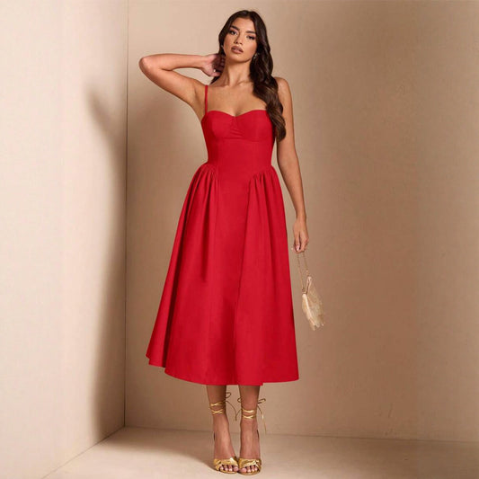 Special Design Red Strappy Midi Evening Dress