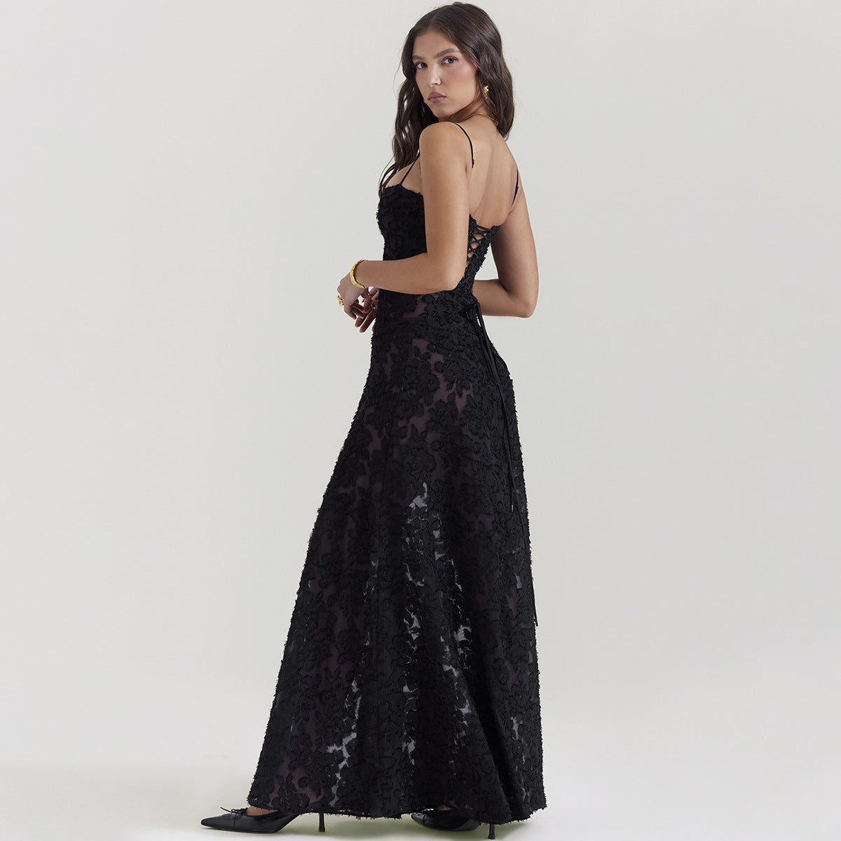 Black Thin Strapped Full Length A Line Lace Pattern Dress