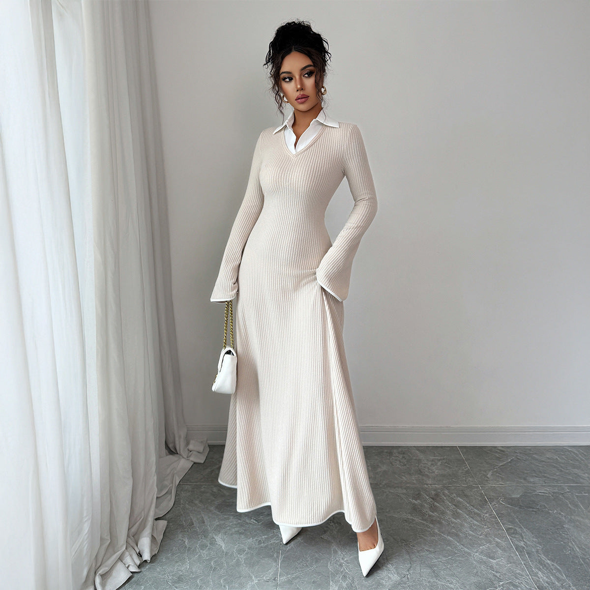 Timeless Elegance Ecru Ribbed Knit Maxi Dress
