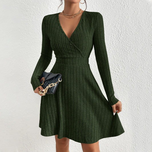 Feminine Cut V-Neck Green Ribbed Knit Mini Dress