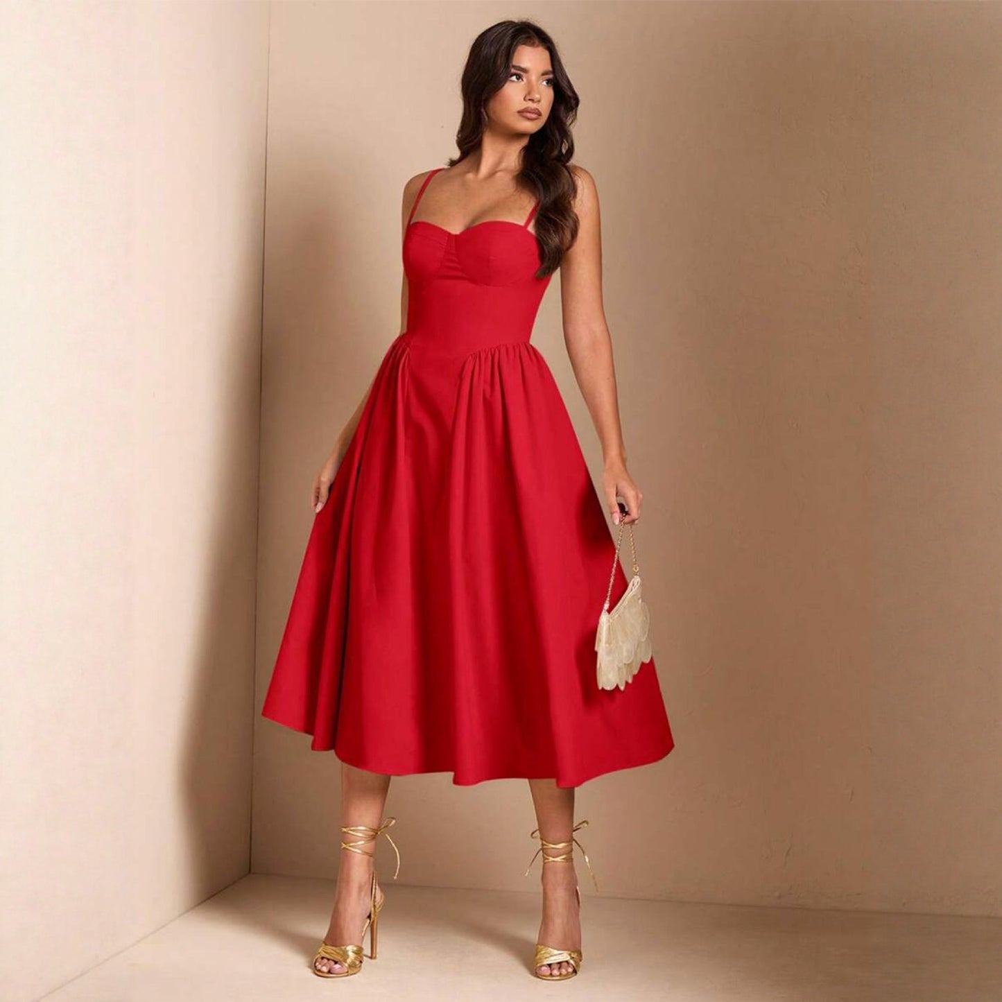 Special Design Red Strappy Midi Evening Dress