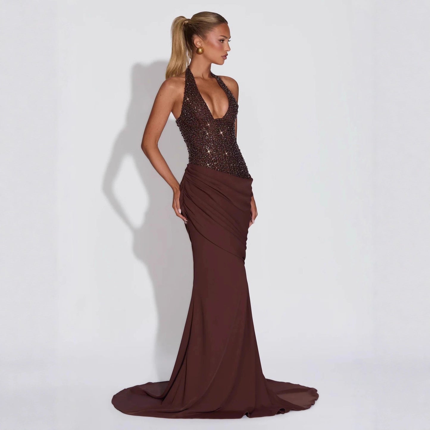 Body-con Sparkle Irregular Draped Evening Dress Women's Long Gown