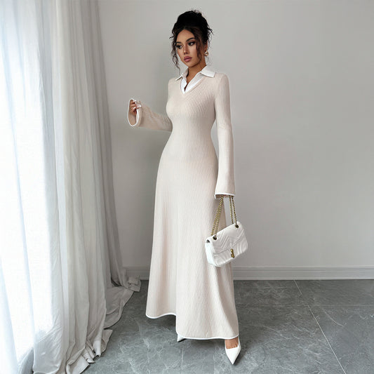 Timeless Elegance Ecru Ribbed Knit Maxi Dress