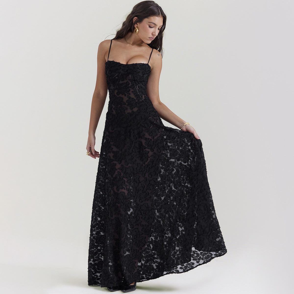 Black Thin Strapped Full Length A Line Lace Pattern Dress