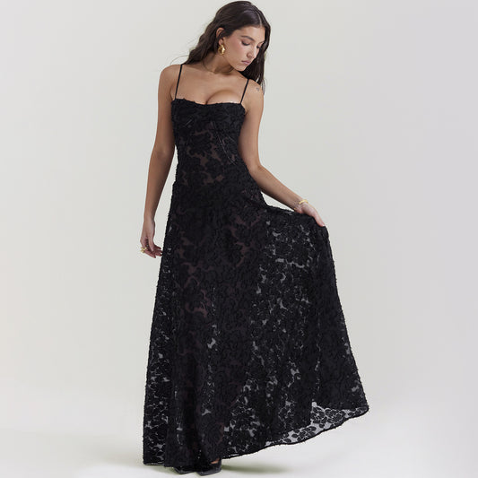 Black Thin Strapped Full Length A Line Lace Pattern Dress