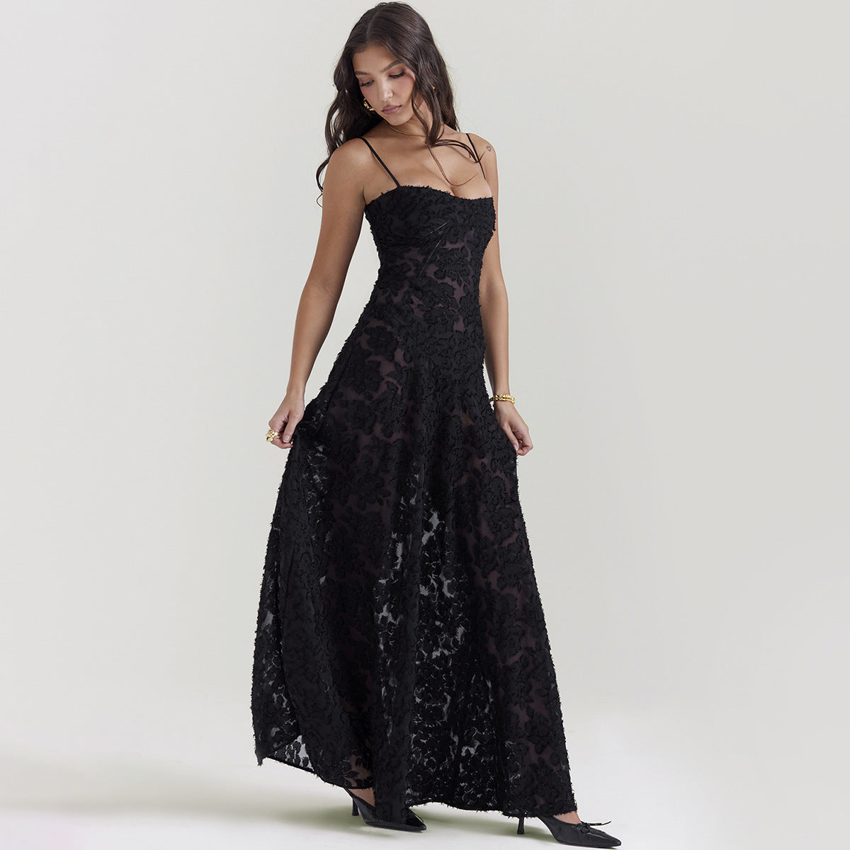 Black Thin Strapped Full Length A Line Lace Pattern Dress