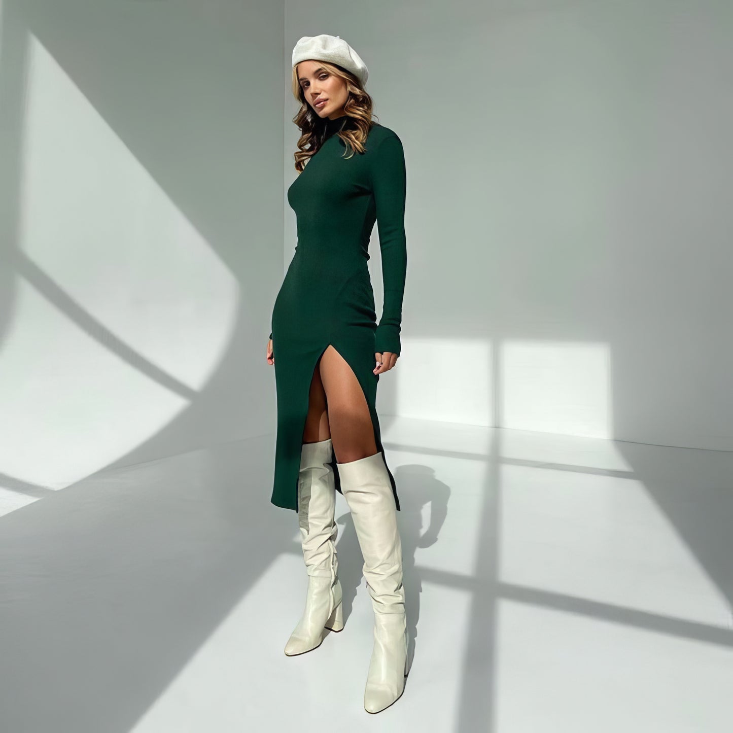 Emerald Grace – Long Sleeve Slit Midi Dress